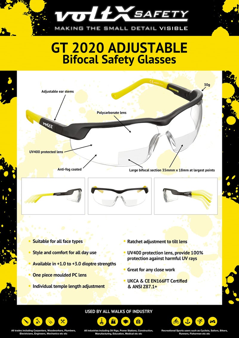 voltX GT ADJUSTABLE Bifocal Reading Safety Glasses (Clear Lens +3.0), ANSI Z87.1+ & CE EN166FT, Anti fog coated, UV400 Lens, Tilt & length adjustable earstems, clip on safety cord. - Image 3